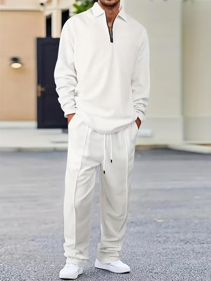 Zephran | Stylish Zipper Waffle Sweatshirt & Pants Suit