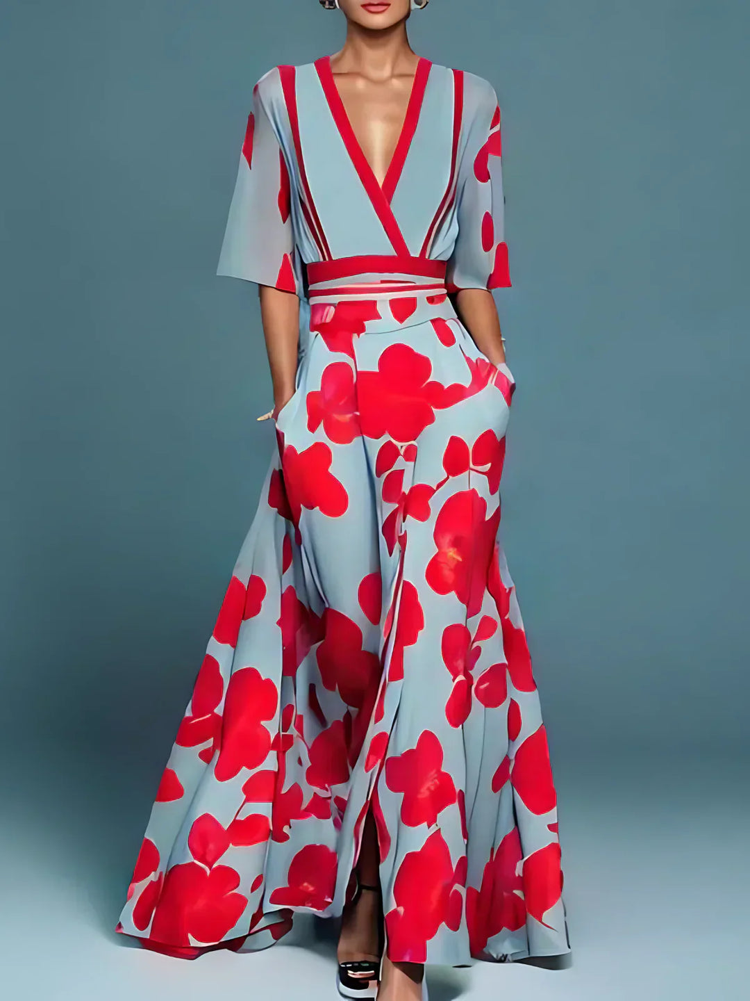 Maine | Elegant Floral V-Neck Long Dress