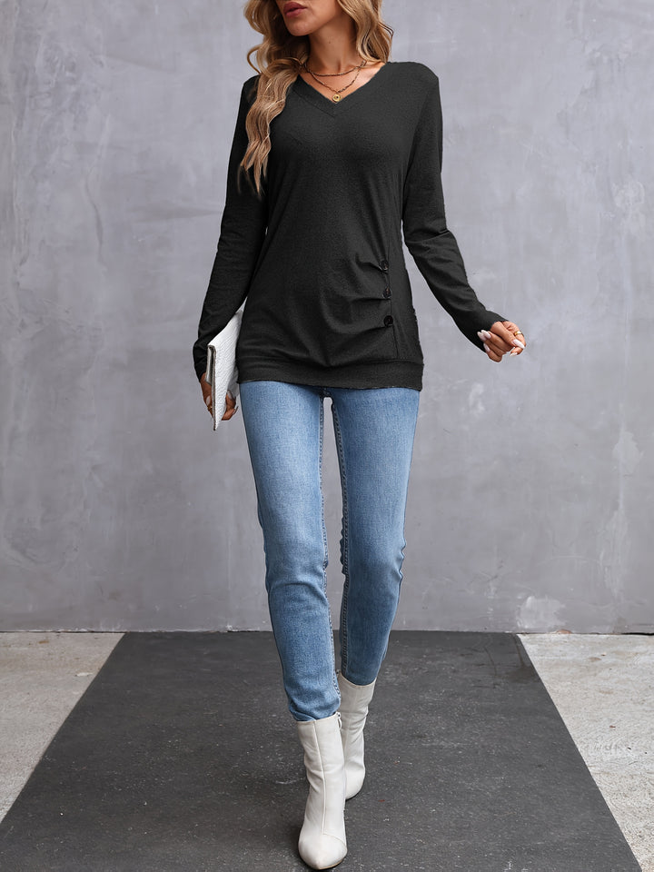 Nadine | V-Neck Button-Trim Long-Sleeve Top
