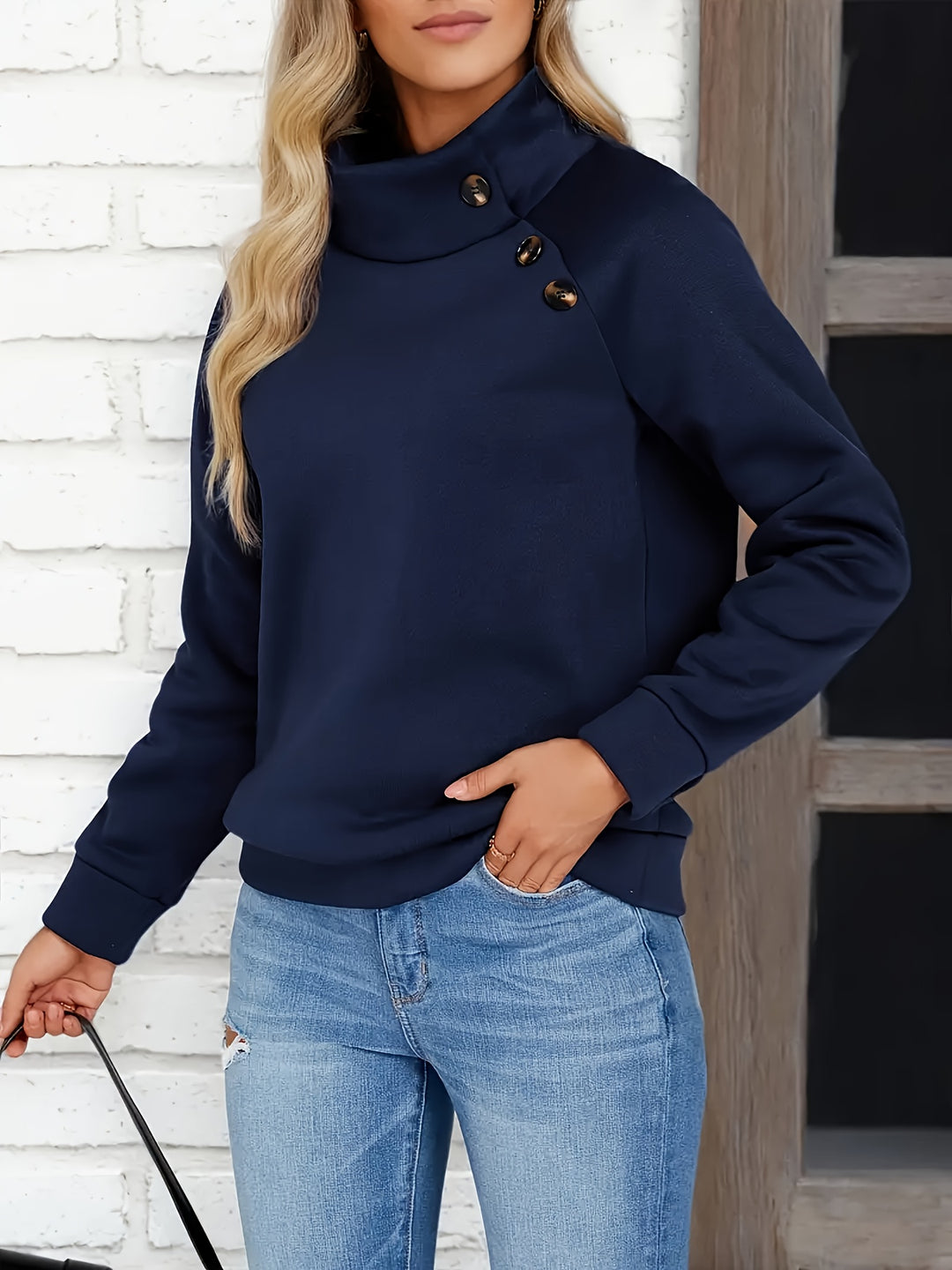 Harper | Button-Accent Stand Collar Sweatshirt
