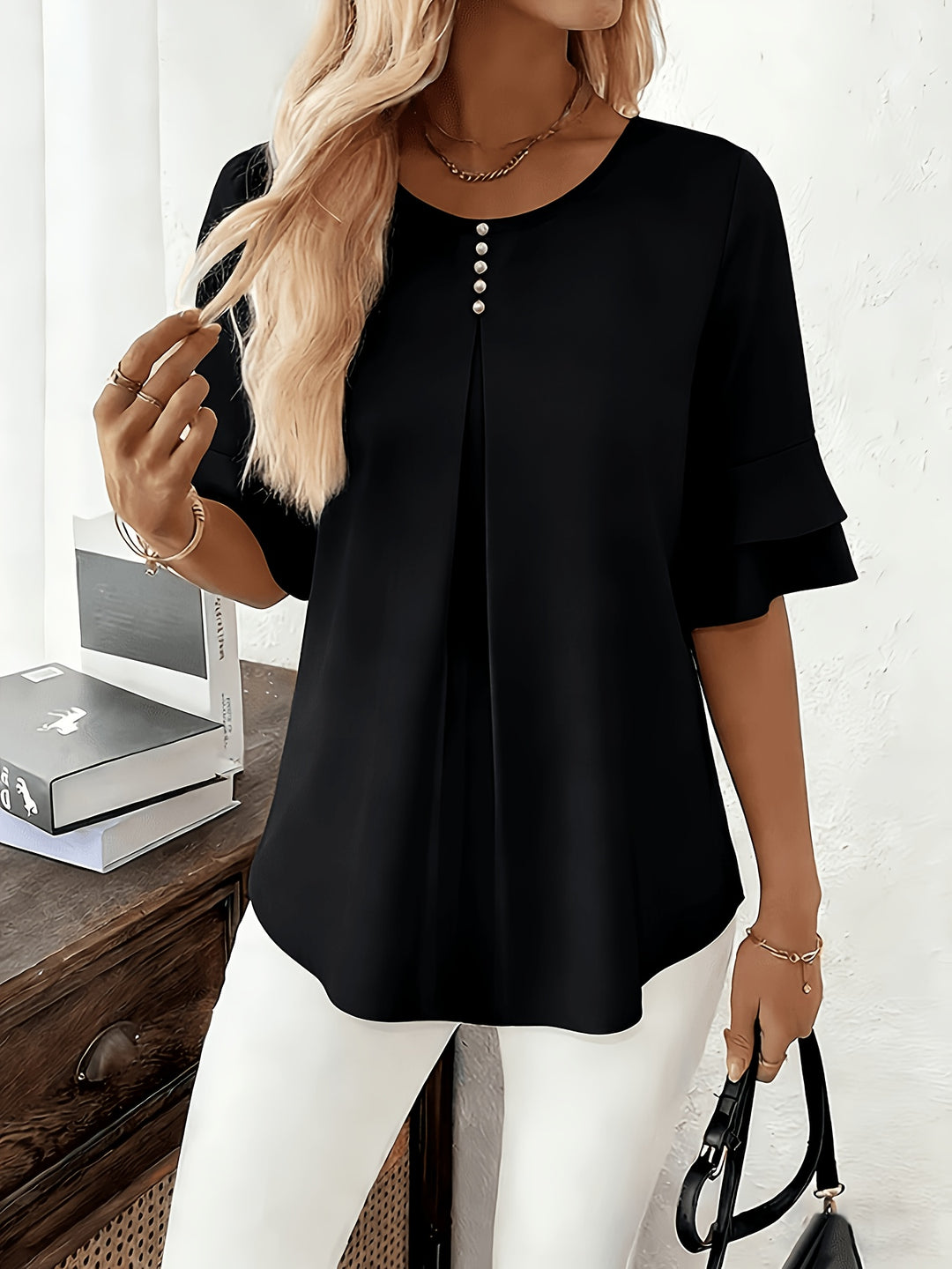 Eloise | Flowing Pearl-Button Blouse