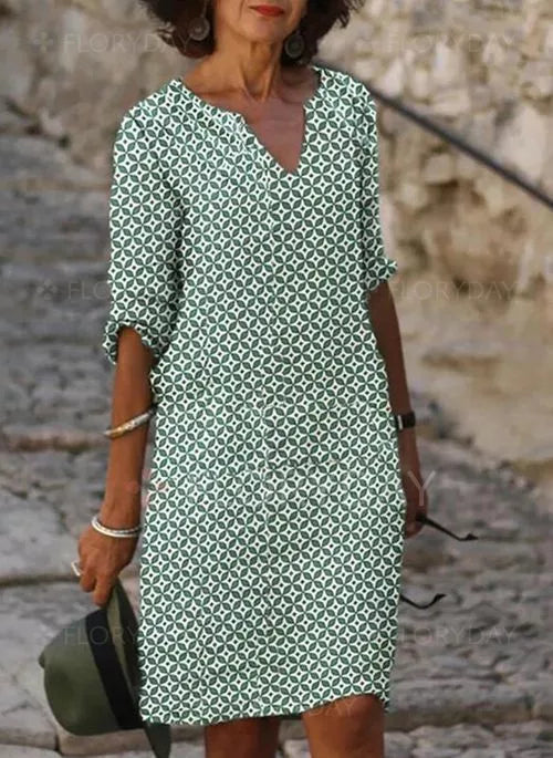 Helena | Elegant Geometric Print V-Neck Dress