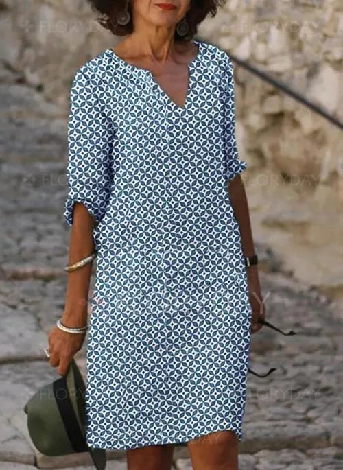Helena | Elegant Geometric Print V-Neck Dress